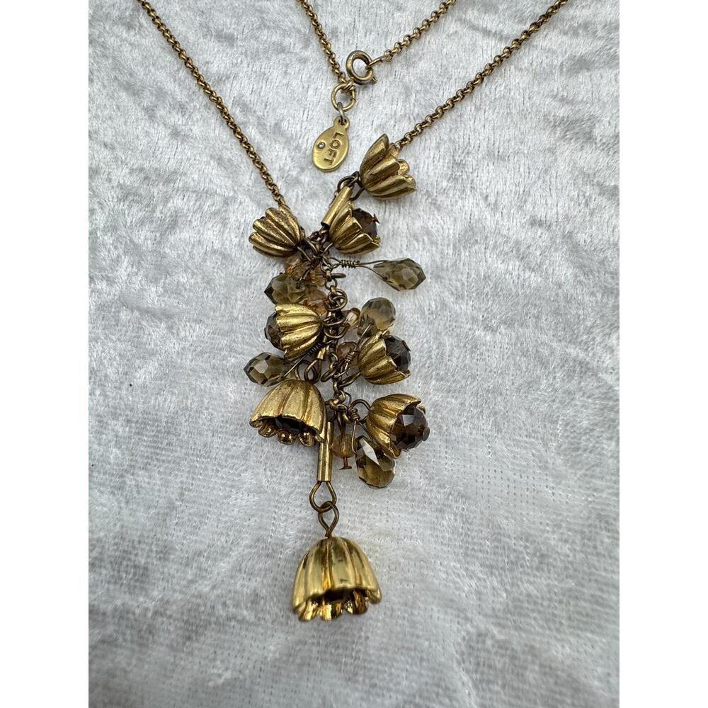 Loft Gold Tone Dark‎ Faceted Glass Bead Dangle Floral Necklace Boho Chic - Picture 5 of 9